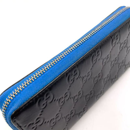 Gucci Shimmer Ggcharm Round Zipper Leather Black And Blue Wallet Gold