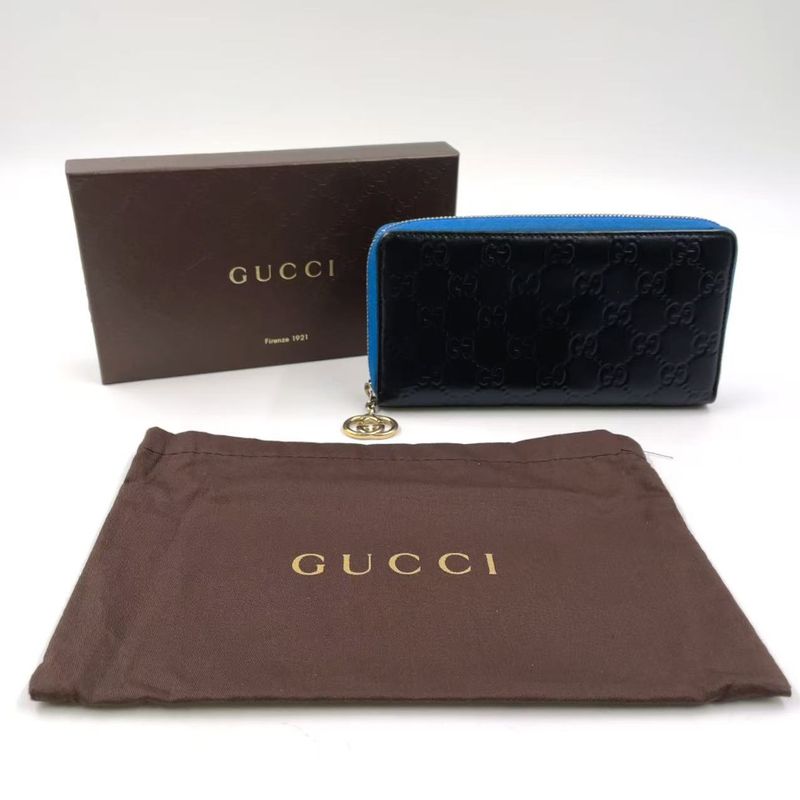 Gucci Shimmer Ggcharm Round Zipper Leather Black And Blue Wallet Gold