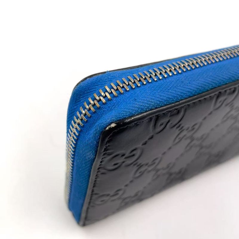 Gucci Shimmer Ggcharm Round Zipper Leather Black And Blue Wallet Gold