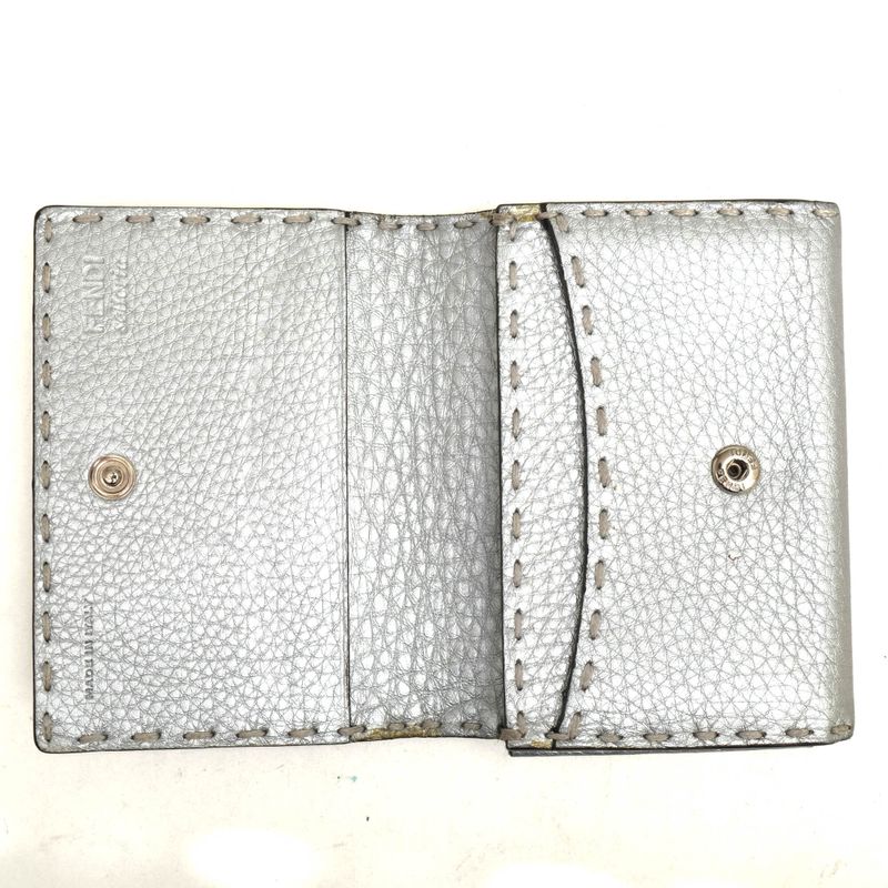 Fendi Card Case Business Card Holder Women Leather Genuine Silver 8m0217
