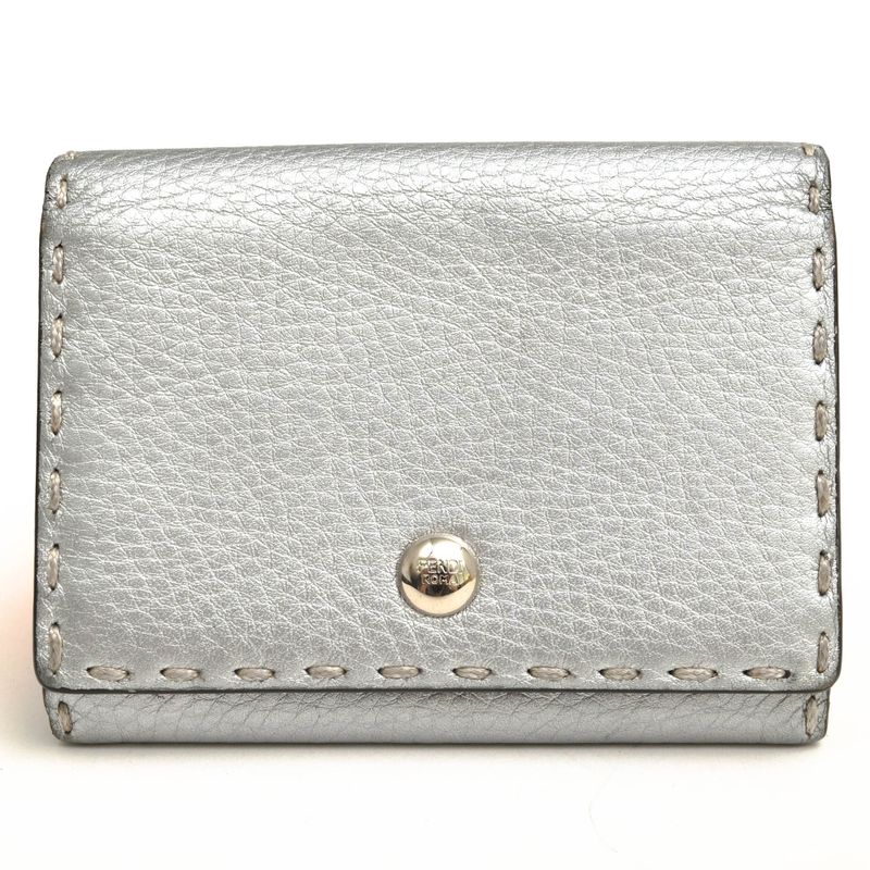 Fendi Card Case Business Card Holder Women Leather Genuine Silver 8m0217