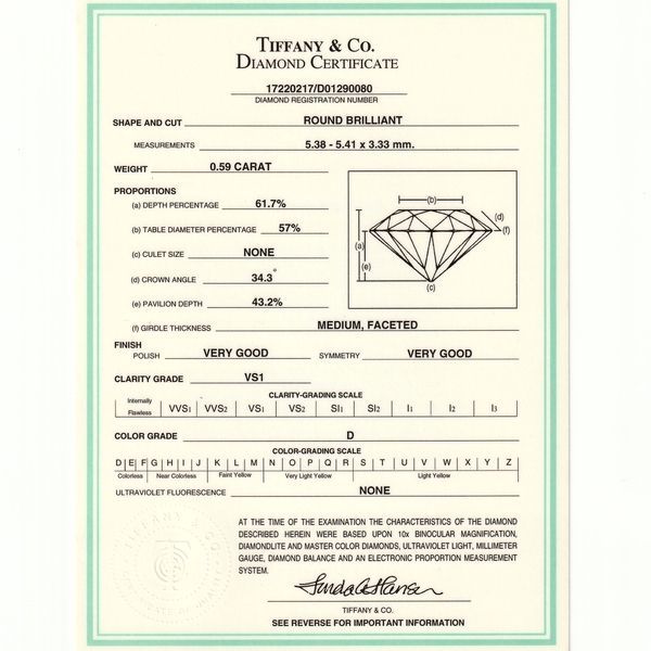 Tiffany & Co Solitaire 059ct Diamond Ring D-vs1 Pt950