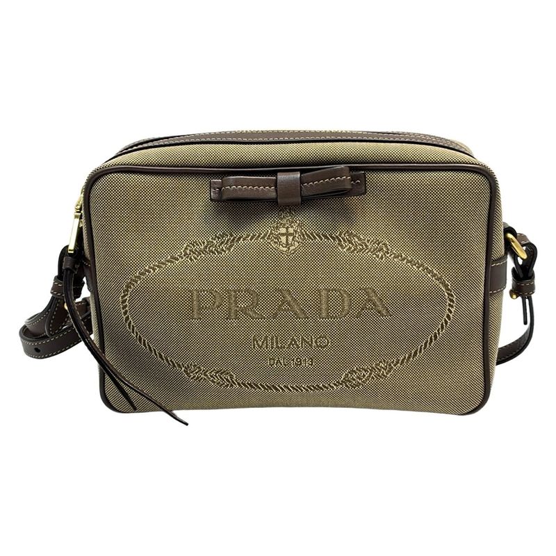 Prada Shoulder Bag Logo Jacquard Beige And Dark Brown Ribbon Leather