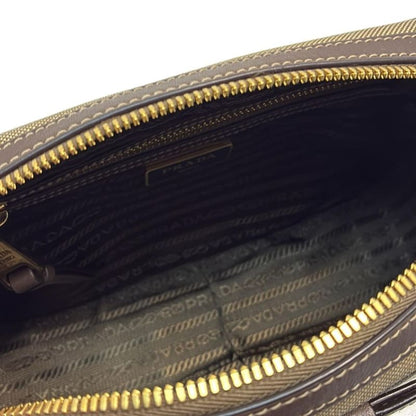 Prada Shoulder Bag Logo Jacquard Beige And Dark Brown Ribbon Leather