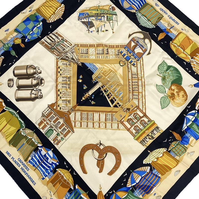 Hermes Scarf Carré 90 Black×beige×multi Charmes DES Plages Normandes