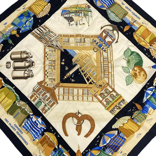 Hermes Scarf Carré 90 Black×beige×multi Charmes DES Plages Normandes