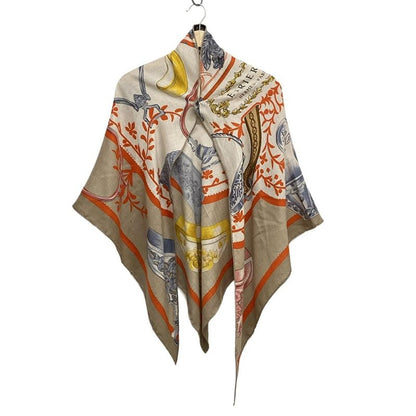 Hermes Stole (shawl) Triangle Géant Beige And Natural And Potiron Etriers Remix