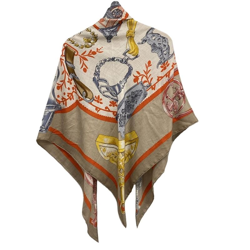 Hermes Stole (shawl) Triangle Géant Beige And Natural And Potiron Etriers Remix