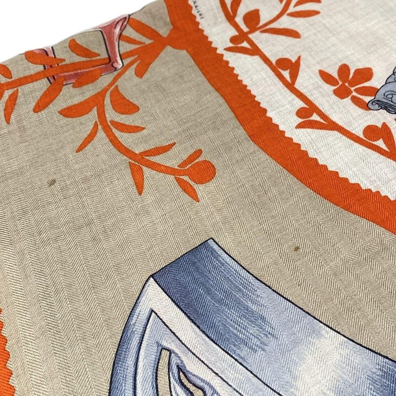 Hermes Stole (shawl) Triangle Géant Beige And Natural And Potiron Etriers Remix