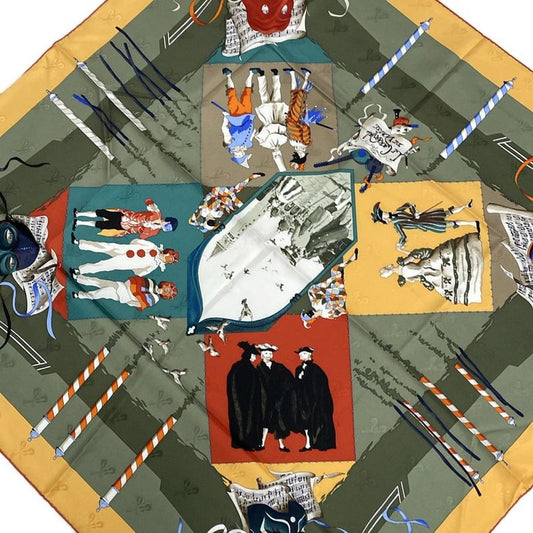 Hermes Scarf Carre 90 Khaki×dark Yellow×multi LE Carnaval DE Venise