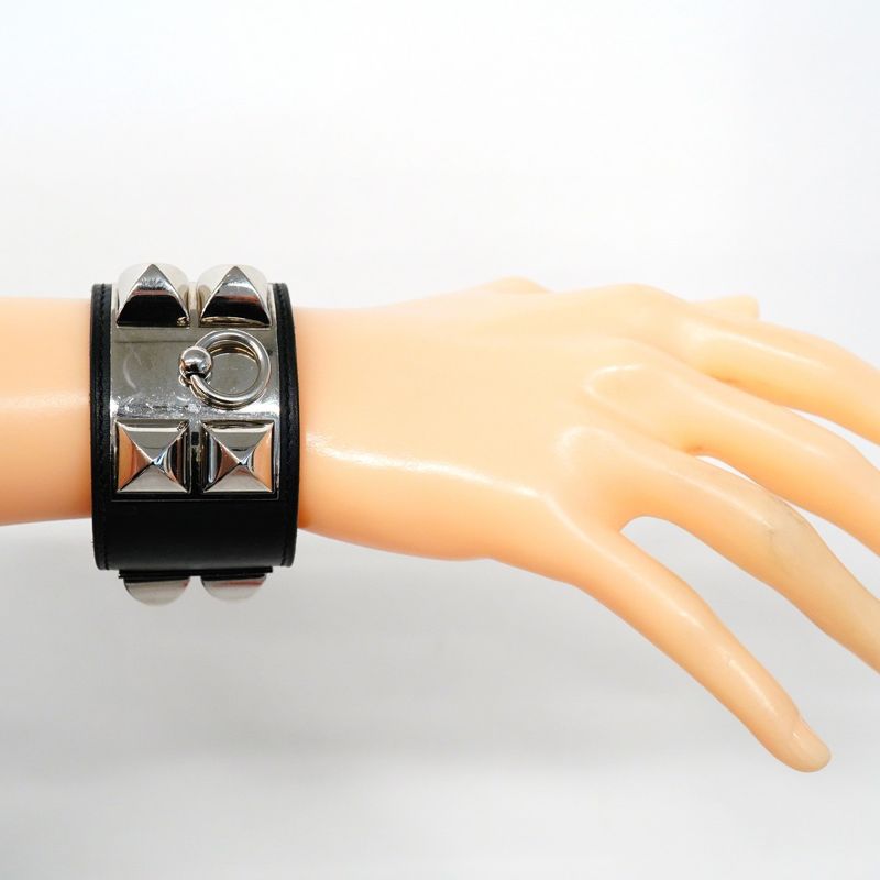Hermes Bangle Collierd Chien Metal Leather Silver Blac Cles Deuce