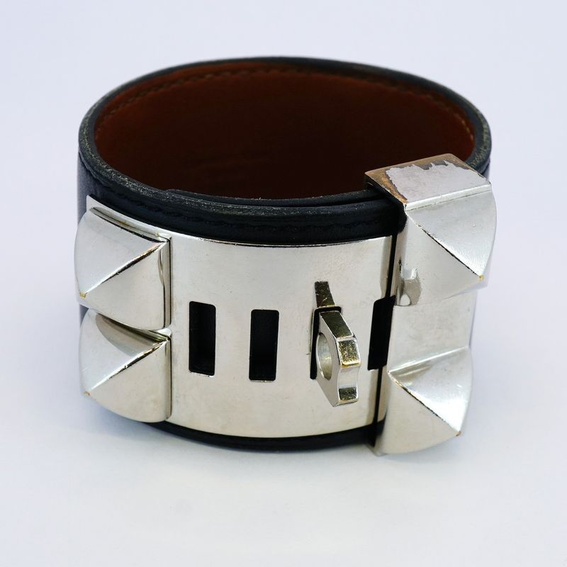 Hermes Bangle Collierd Chien Metal Leather Silver Blac Cles Deuce