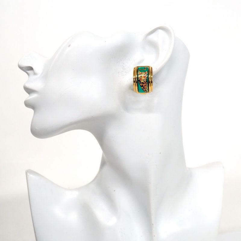 Hermes Earring Emile GP Plated Cloisonne Gold Green Multicolor Ladies