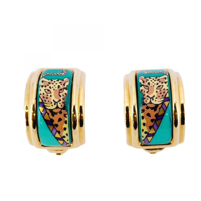 Hermes Earring Emile GP Plated Cloisonne Gold Green Multicolor Ladies