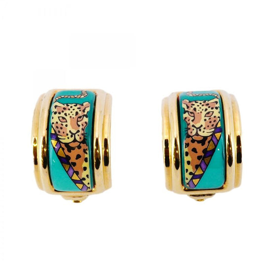 Hermes Earring Emile GP Plated Cloisonne Gold Green Multicolor Ladies