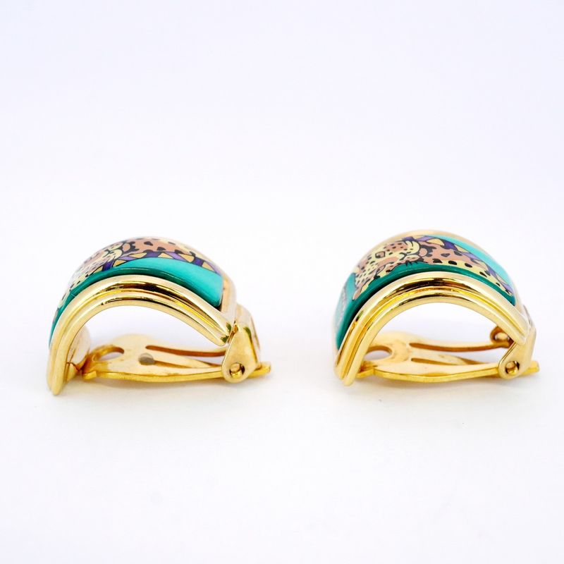 Hermes Earring Emile GP Plated Cloisonne Gold Green Multicolor Ladies