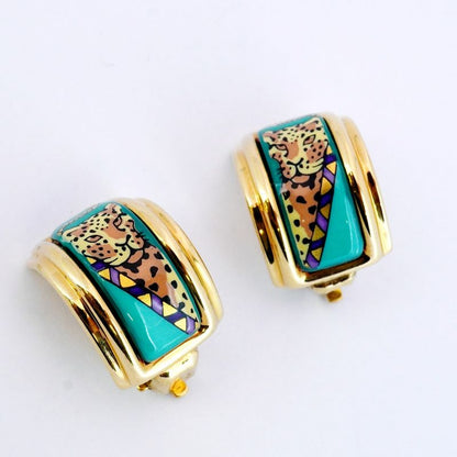 Hermes Earring Emile GP Plated Cloisonne Gold Green Multicolor Ladies