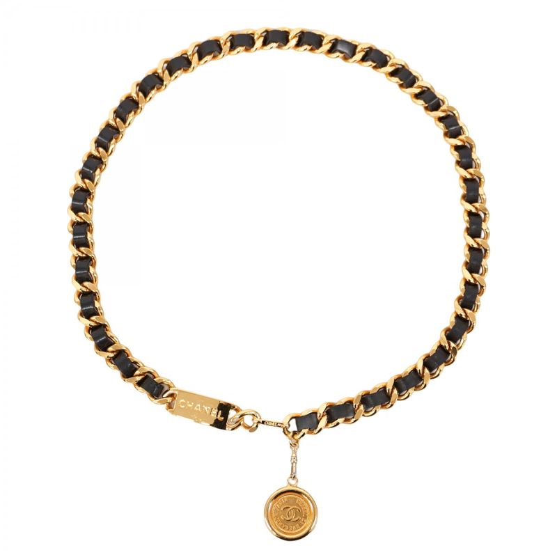 Chanel Belt Gold Black Gold Hardware Chain Women's