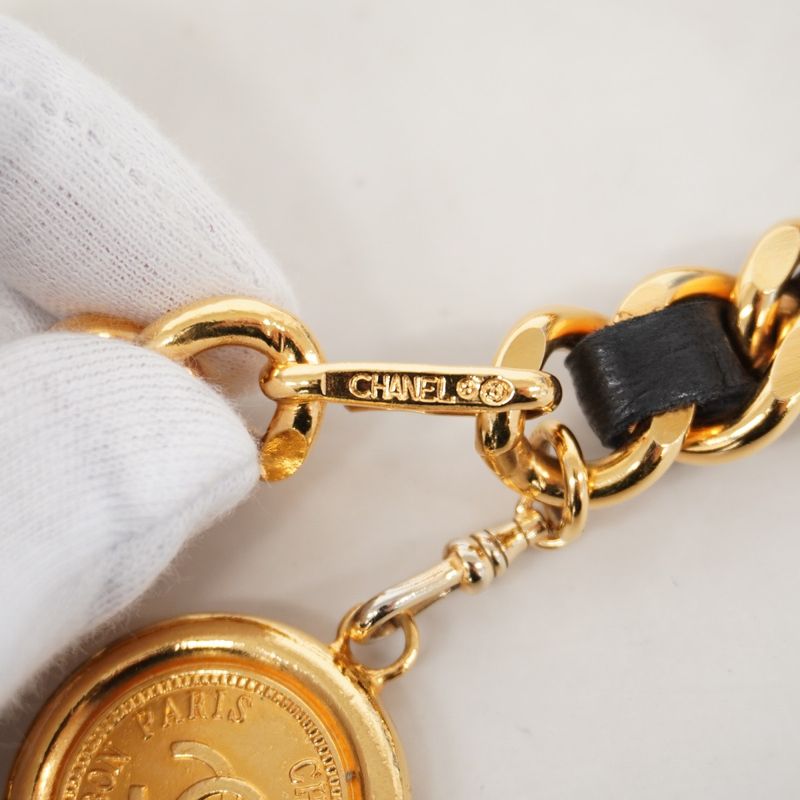 Chanel Belt Gold Black Gold Hardware Chain Women's