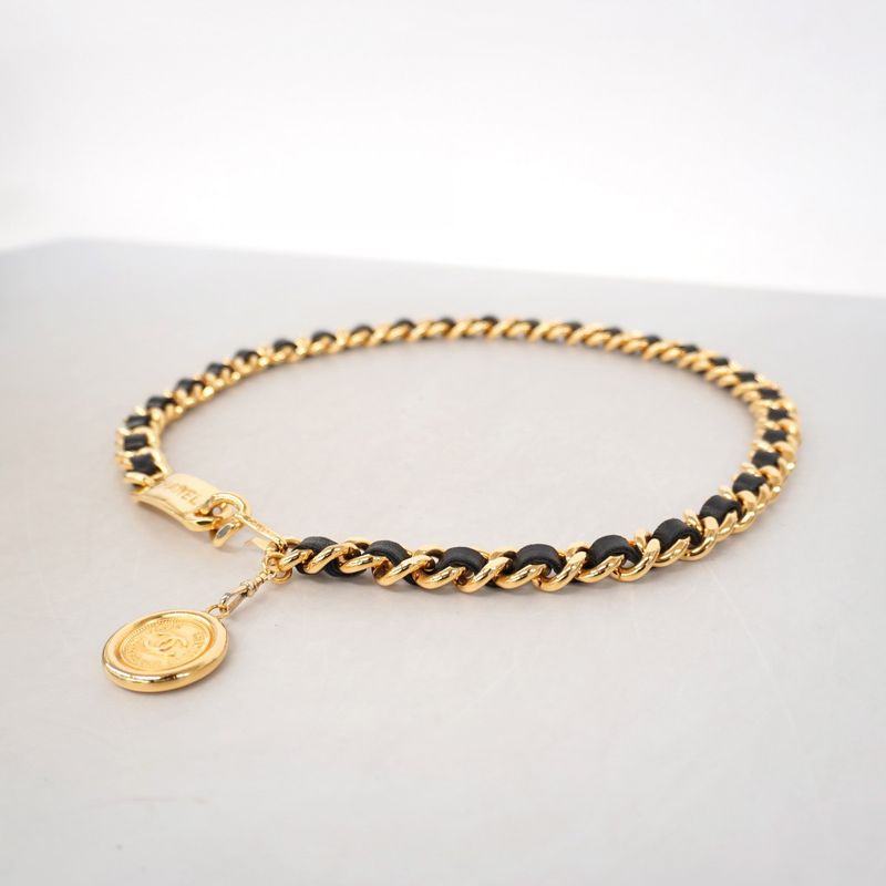 Chanel Belt Gold Black Gold Hardware Chain Women's
