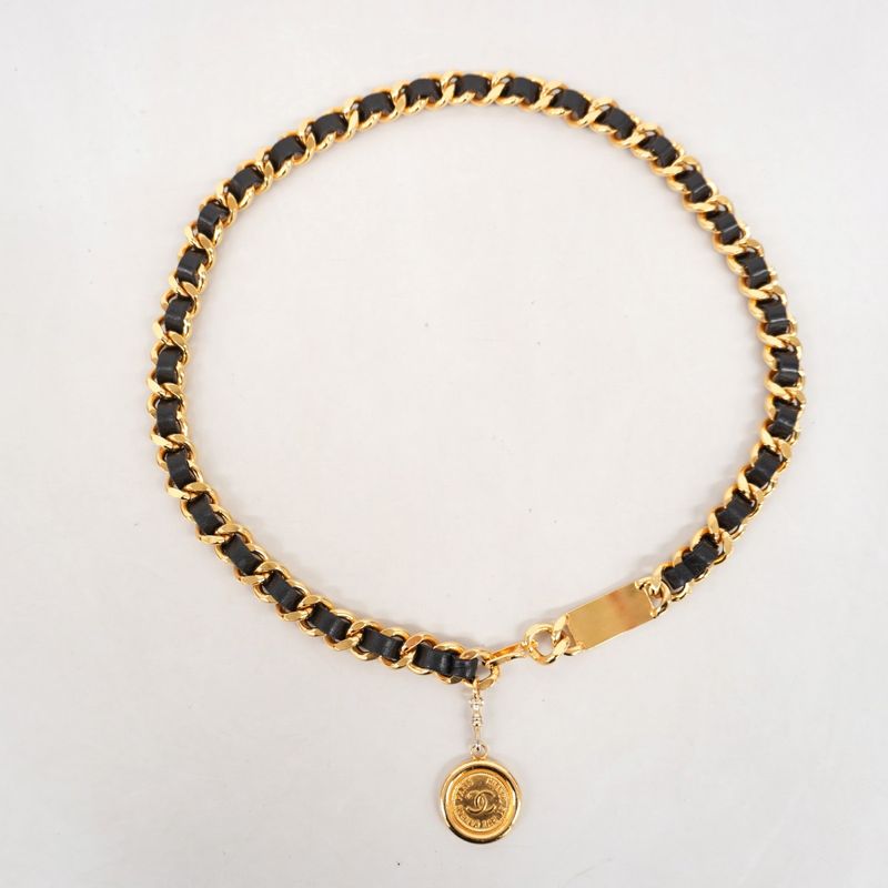 Chanel Belt Gold Black Gold Hardware Chain Women's