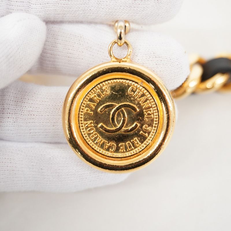 Chanel Belt Gold Black Gold Hardware Chain Women's