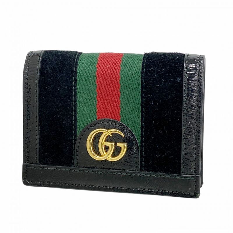 Gucci Wallet Ophidia 523155 Suede Leather Black Gold Hardware Women's