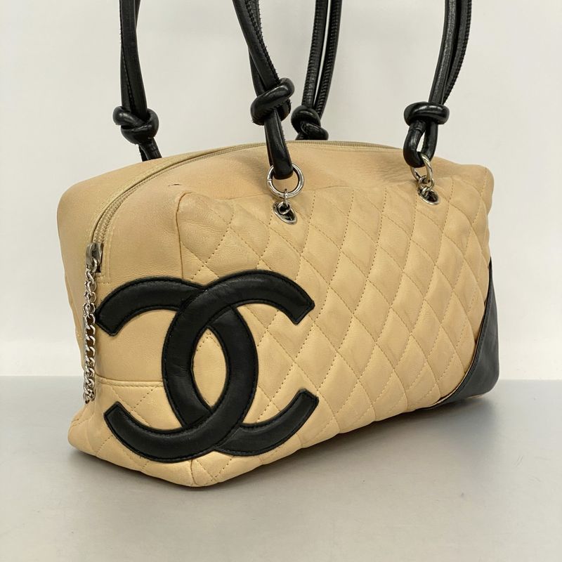 Chanel Shoulder Bag Cambon Lambskin Beige Black Silver Hardware Women