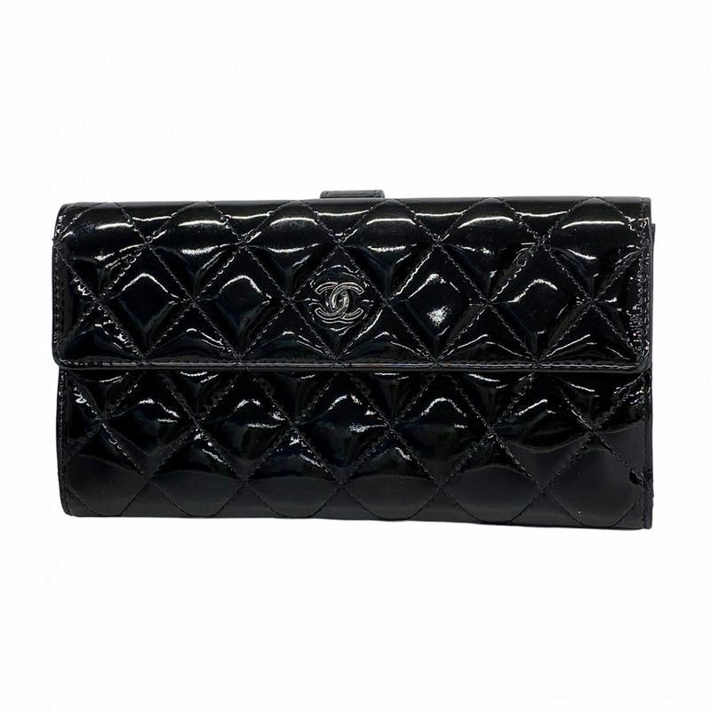 Chanel Long Wallet Matelasse Patent Leather Black Silver Hardware Women