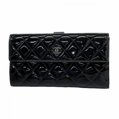 Chanel Long Wallet Matelasse Patent Leather Black Silver Hardware Women