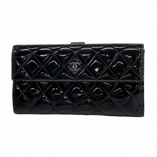 Chanel Long Wallet Matelasse Patent Leather Black Silver Hardware Women