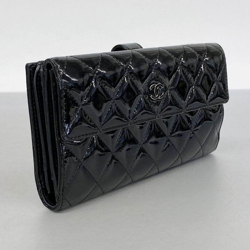 Chanel Long Wallet Matelasse Patent Leather Black Silver Hardware Women