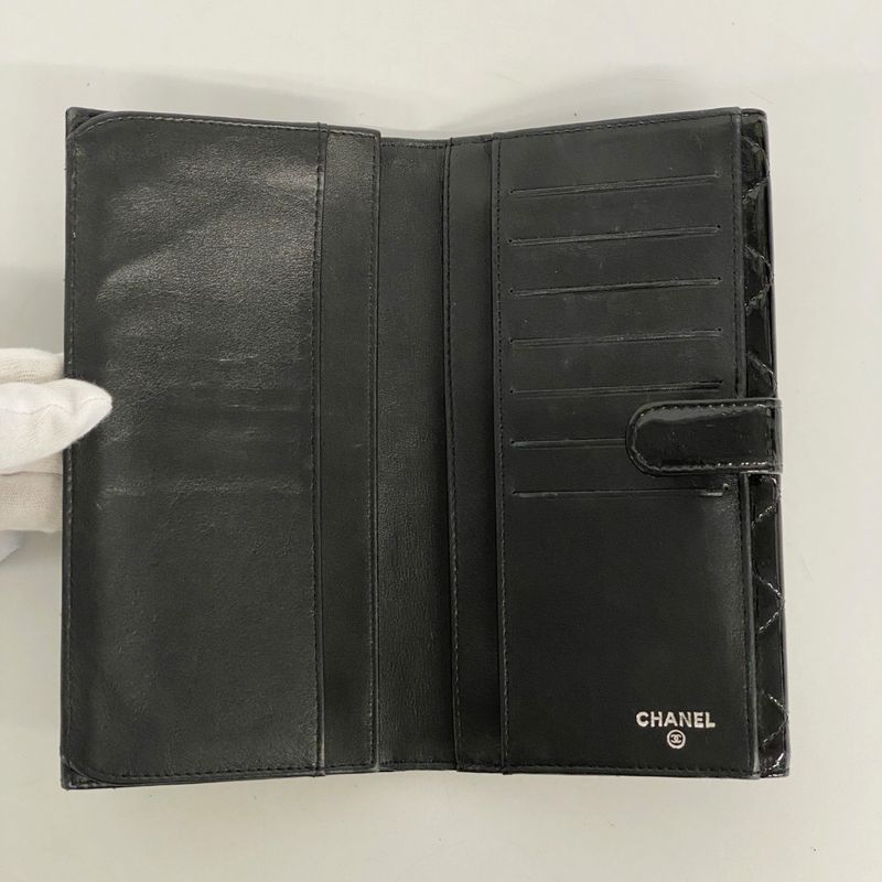 Chanel Long Wallet Matelasse Patent Leather Black Silver Hardware Women