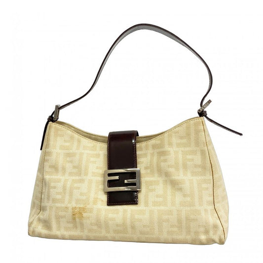 Fendi Shoulder Bag Zucca Canvas Beige Brown Silver Hardware Women