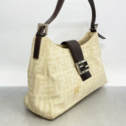 Fendi Shoulder Bag Zucca Canvas Beige Brown Silver Hardware Women