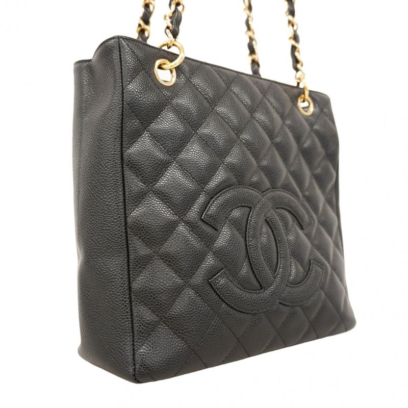 Chanel Tote Bag Matelasse Chain Caviar Skin Black Gold Hardware Women