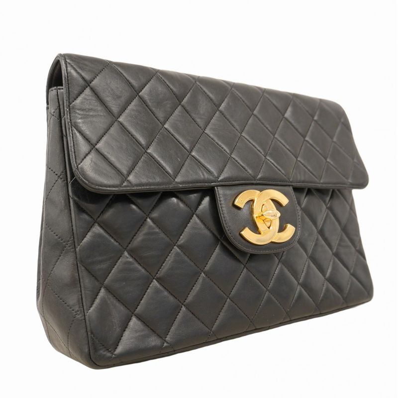 Chanel Shoulder Bag Matelasse Lambskin Black Gold Hardware Women