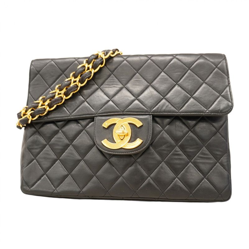Chanel Shoulder Bag Matelasse Lambskin Black Gold Hardware Women