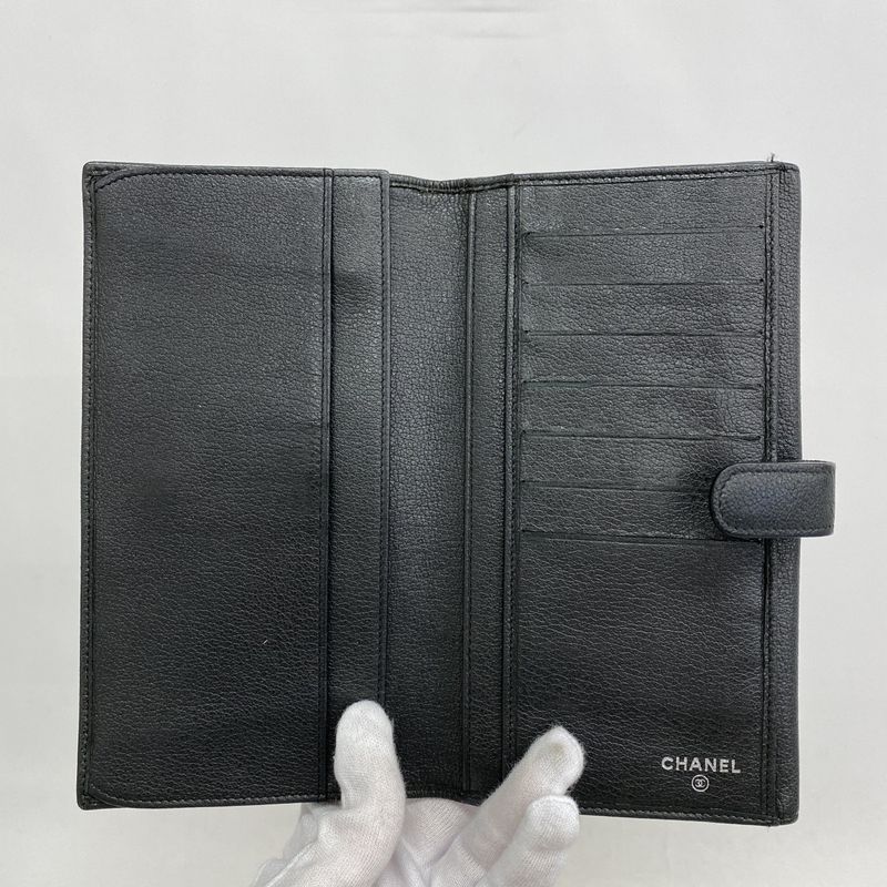 Chanel Long Wallet Camellia Leather Black Silver Hardware Women
