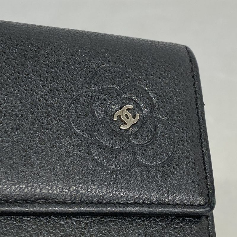 Chanel Long Wallet Camellia Leather Black Silver Hardware Women