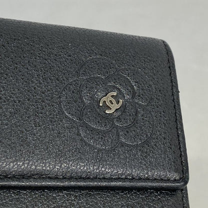 Chanel Long Wallet Camellia Leather Black Silver Hardware Women
