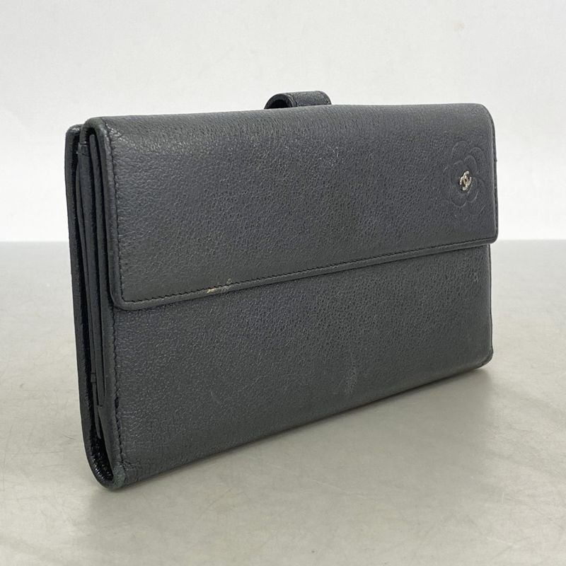 Chanel Long Wallet Camellia Leather Black Silver Hardware Women