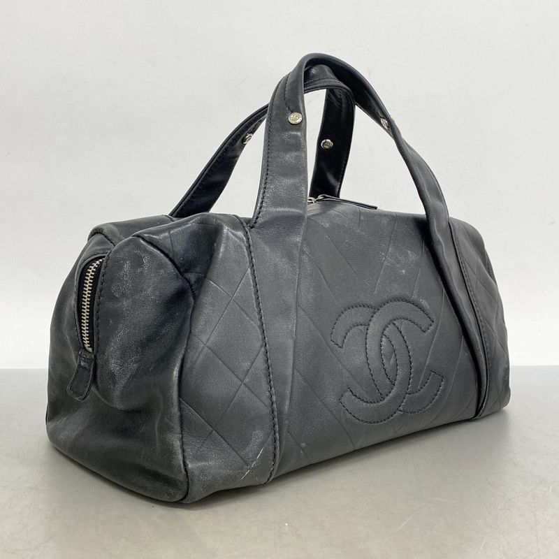 Chanel Handbag V Stitch Leather Black Silver Hardware Women