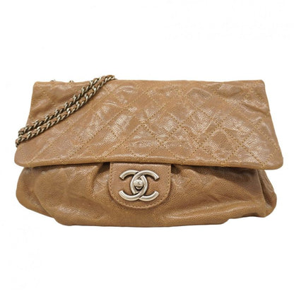 Chanel Shoulder Bag Matelasse Caviar Skin Brown Silver Hardware Women