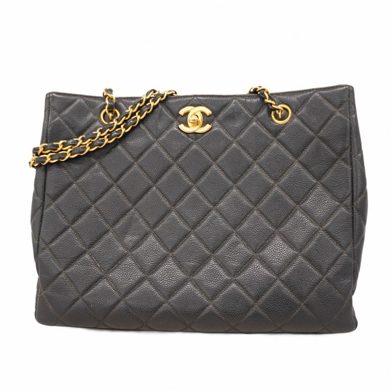 Chanel Shoulder Bag Matelasse Caviar Skin Black Gold Hardware Women