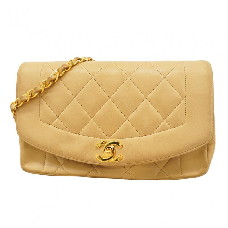 Chanel Shoulder Bag Matelasse Diana Lambskin Beige Gold Hardware Women