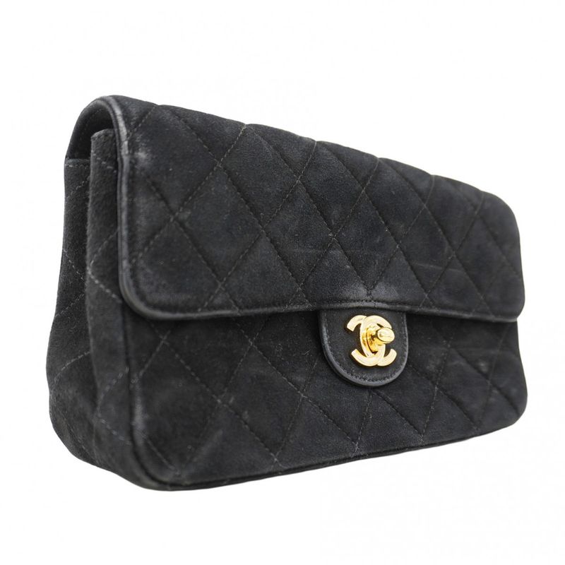 Chanel Shoulder Bag Matelasse Suede Black Gold Hardware Women