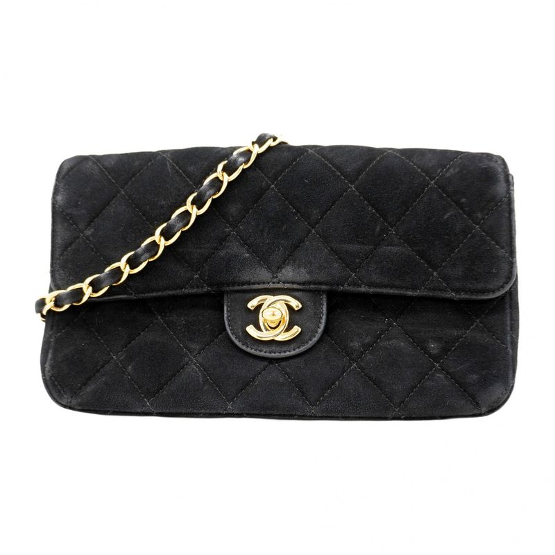 Chanel Shoulder Bag Matelasse Suede Black Gold Hardware Women