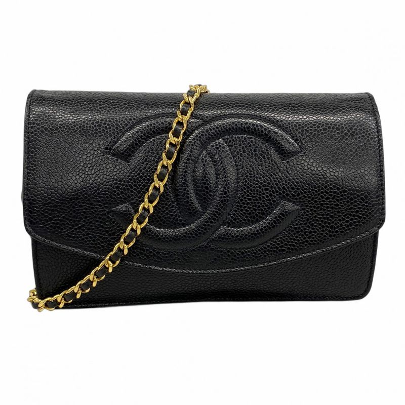 Chanel Shoulder Wallet Caviar Skin Black Gold Hardware Women