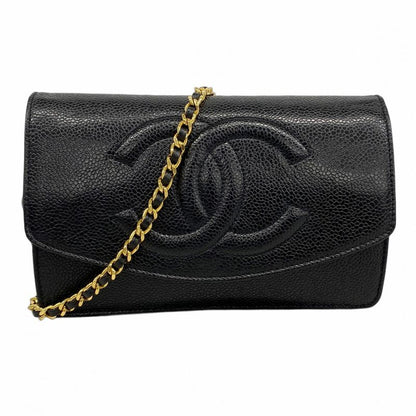 Chanel Shoulder Wallet Caviar Skin Black Gold Hardware Women
